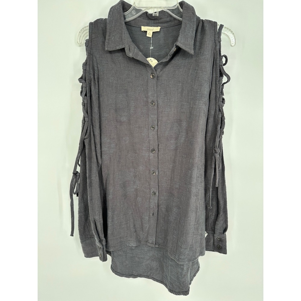 ODDY Women Gray‎ Floral Jacquard Cold Shoulder Lace Up Button Down Shirt M NEW
